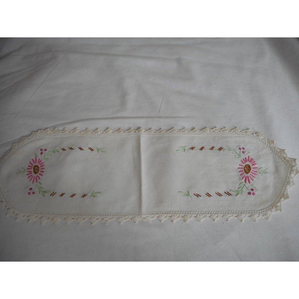 Vintage Pink Floral handmade embroidered oval Lace Dresser scarf 15.5 x 5 Estate - Picture 2 of 7